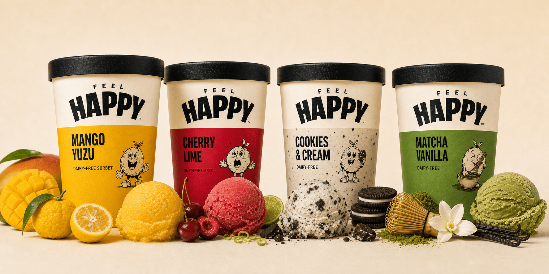Feel Happy Mango Yuzu, Cherry Lime, Cookies and Cream, and Matcha Vanilla dairy-free pints